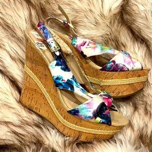 Guess watercolor scarf cork platform wedges | size 8.5 women’s